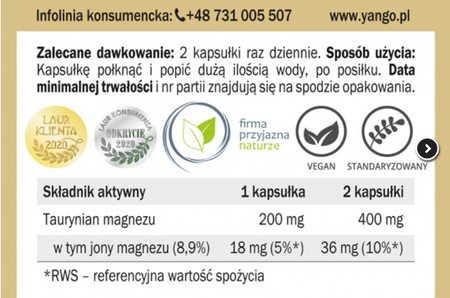 YANGO Taurynian magnezu 490mg 60 kapsułek