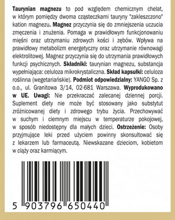 YANGO Taurynian magnezu 490mg 60 kapsułek