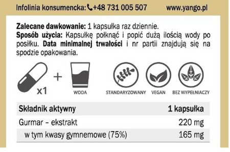 YANGO Gurmar GS4 75% kwasów gymnemowych 310mg 60 kapsułek