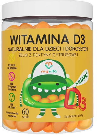 MYVITA Witamina D3 Żelki z pektyny cytrusowej naturalne dla dzieci i dorosłych 60 sztuk