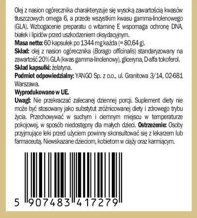 YANGO Olej z ogórecznika 1344mg 60 kapsułek