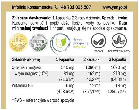 YANGO Magnez + witamina B6 636mg  90 kapsułek