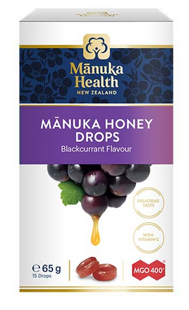 Manuka Health Cukierki z Miodem Manuka MGO 400+ wzbogacone witaminą C o smaku czarnej porzeczki 65g 15 pastylek