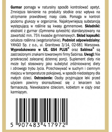 YANGO Gurmar GS4 75% kwasów gymnemowych 310mg 60 kapsułek