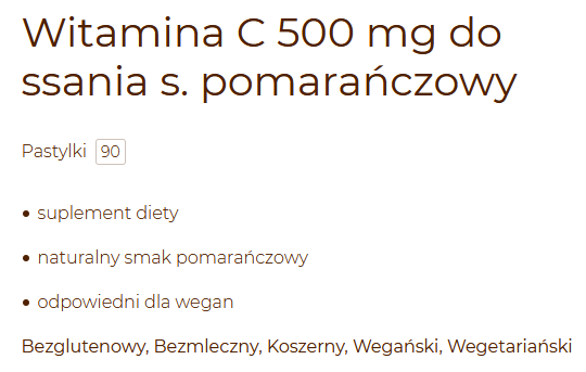 Solgar Witamina C 500mg do ssania pomarańczowe 90 vege pastylek